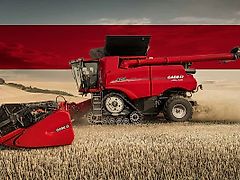 Case IH AXIAL FLOW 8250 STAGE V mit Case 3050 Vario HD 10,67 35, Schneidwerkswagen mit gelenkten Achsen.